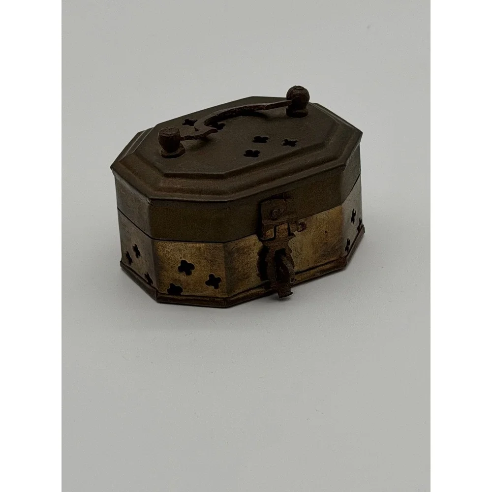 Vintage Brass Octagon Trinket Box Made in India Hinged Latch Star Cutouts Handle